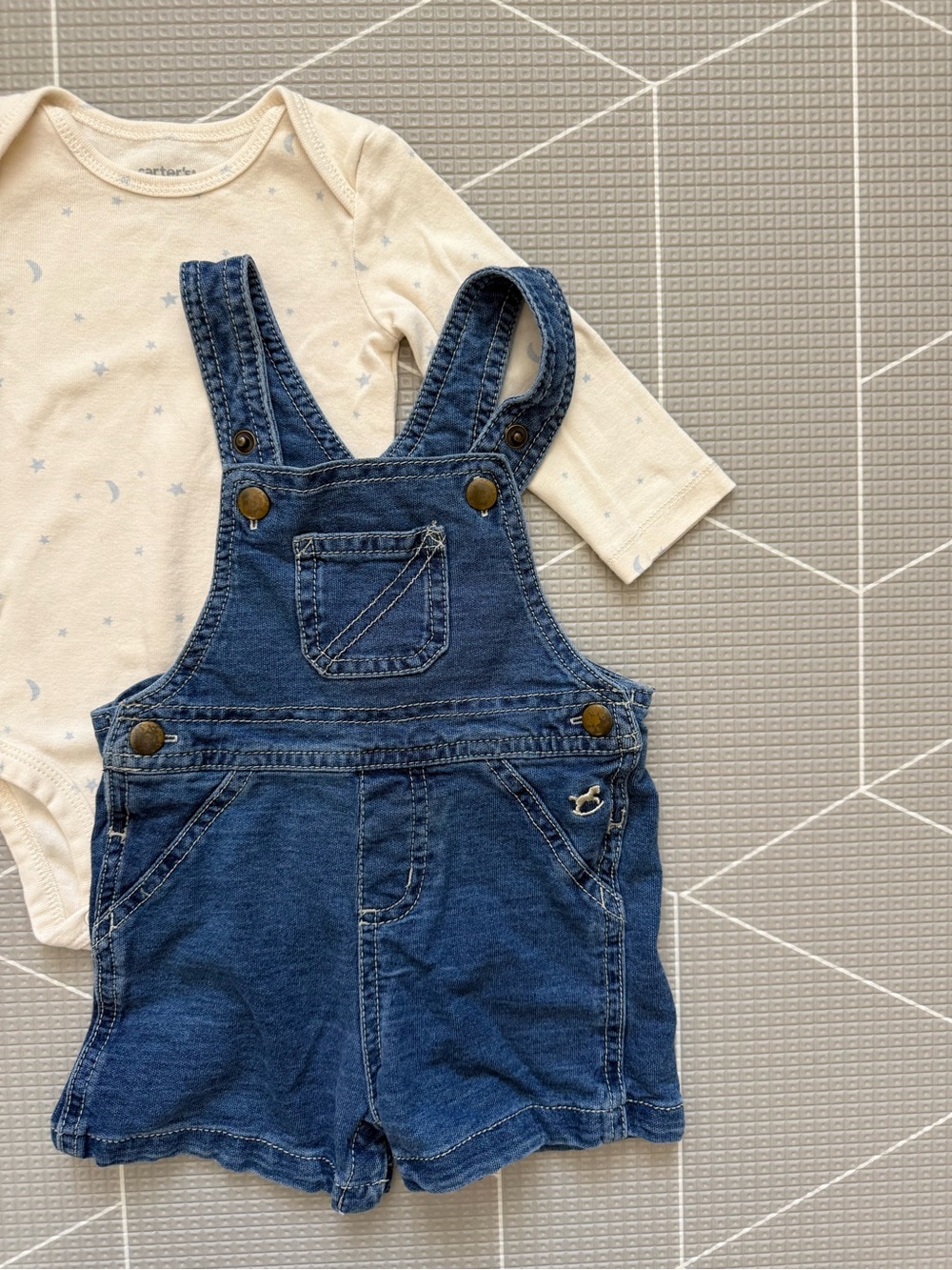 Faded Glory|Baby Cream Moon & Star Bodysuit & organic cotton Denim shot Overalls